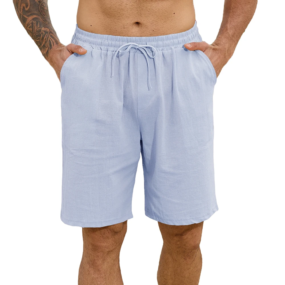 

Летние мужские легкие шорты из хлопка и льна, удобные однотонные повседневные шорты с эластичной резинкой на талии, простые стильные короткие брюки для мужчин