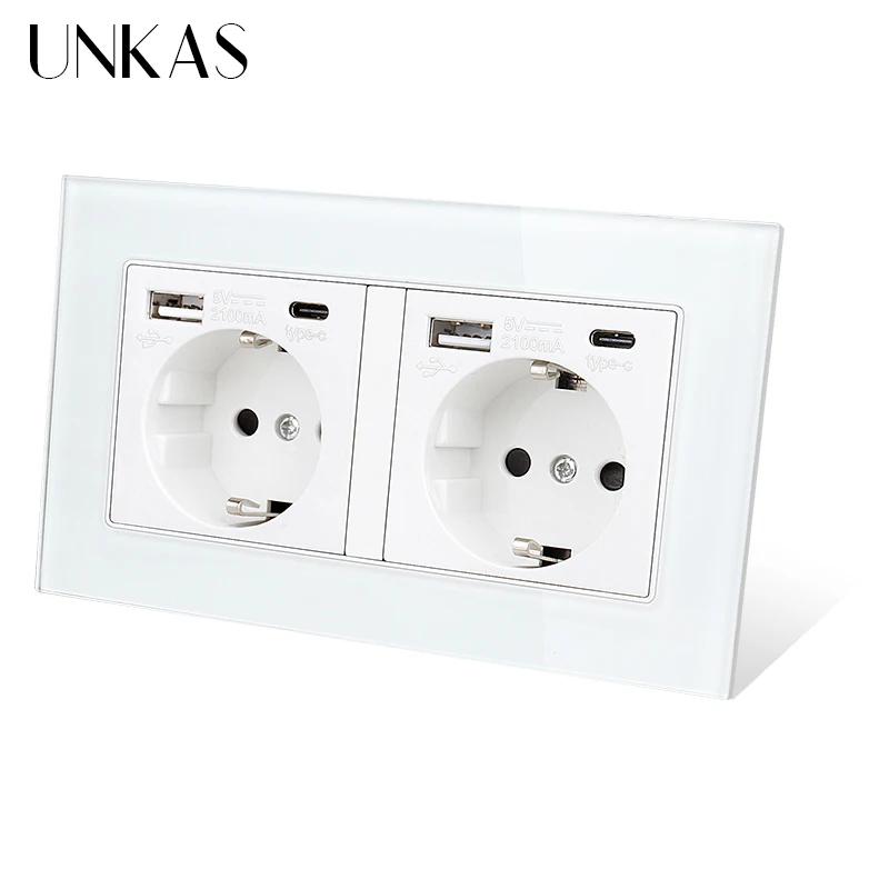 UNKAS White EU Socket Type C USB Port + TV RJ11 Telephone RJ45 Internet Computer Jack 146mm * 86mm Tempered Glass Panel Outl