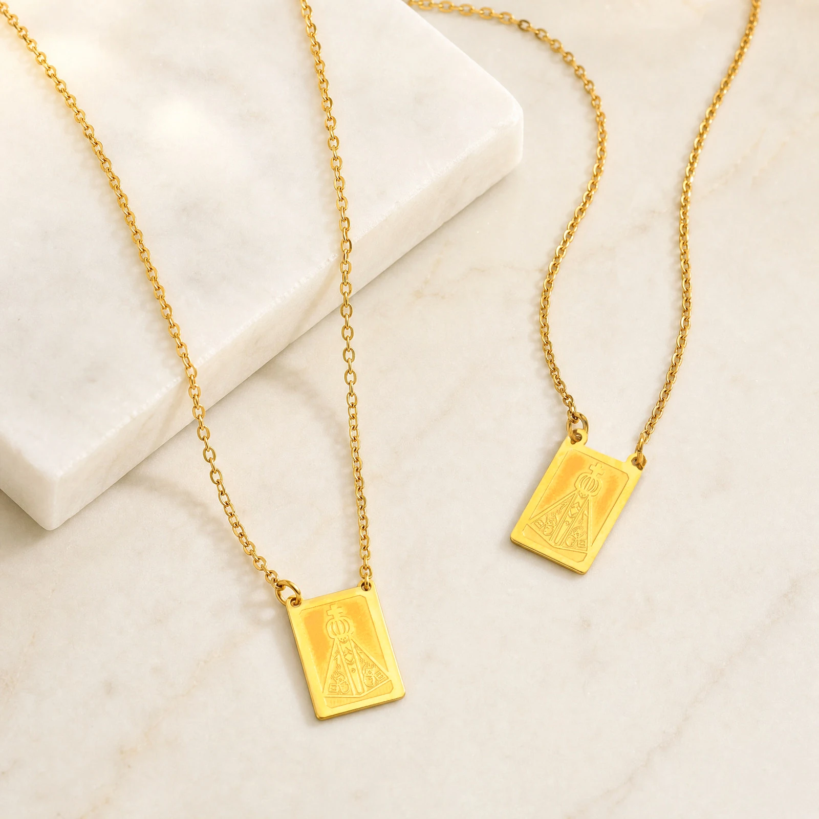 Stainless Steel Our Lady of Aparecida Square Pendant Necklace for Women, Long Chain Brazilian Virgin Mary Religious Jewelry