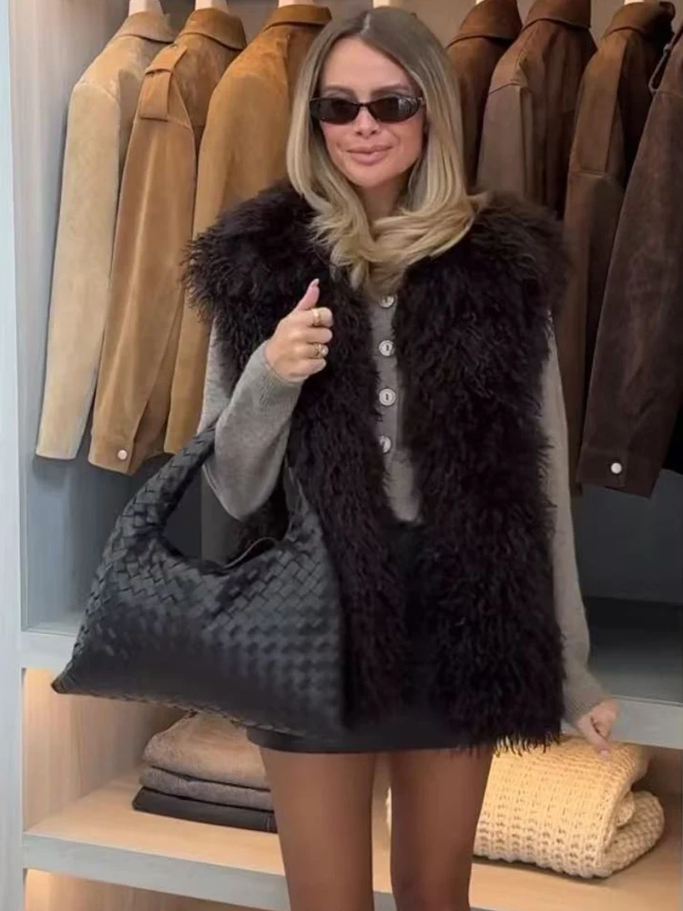 

TFMLN новый меховой жилет для женщин, однотонный жилет без рукавов, куртка, длинный искусственный мех, зимний толстый меховой модный женский жилет, пальто