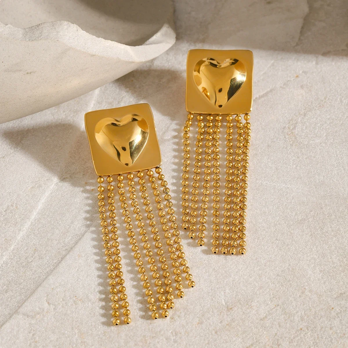 

Le.Baiser Square Stainless Steel Heart Long Tassel Dangle Earrings for Women Waterproof Metal Fashion Drop Charms Golden Jewelry