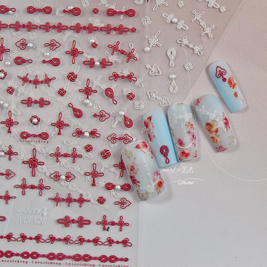 5d Reliëf Witte Parel Rood Wit Chinese Traditionele Vlechtende Kikker Zelfklevende Nail Art Stickers Emblemen Manicure Ornamenten Leveranciers