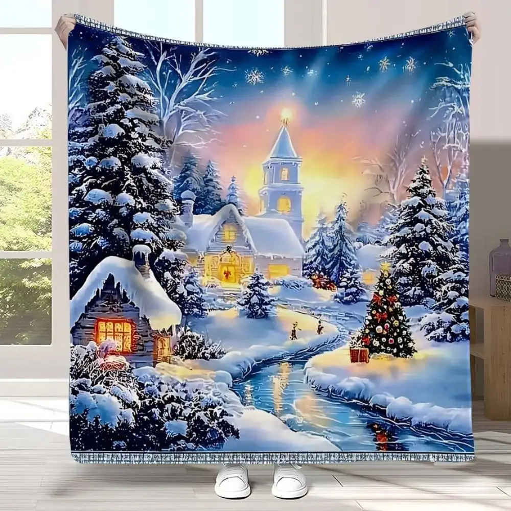 Cozy Winter Cabin Scene Throw Blanket Xmas Holiday Decor Rustic Snowy Forest Fall Season Gift