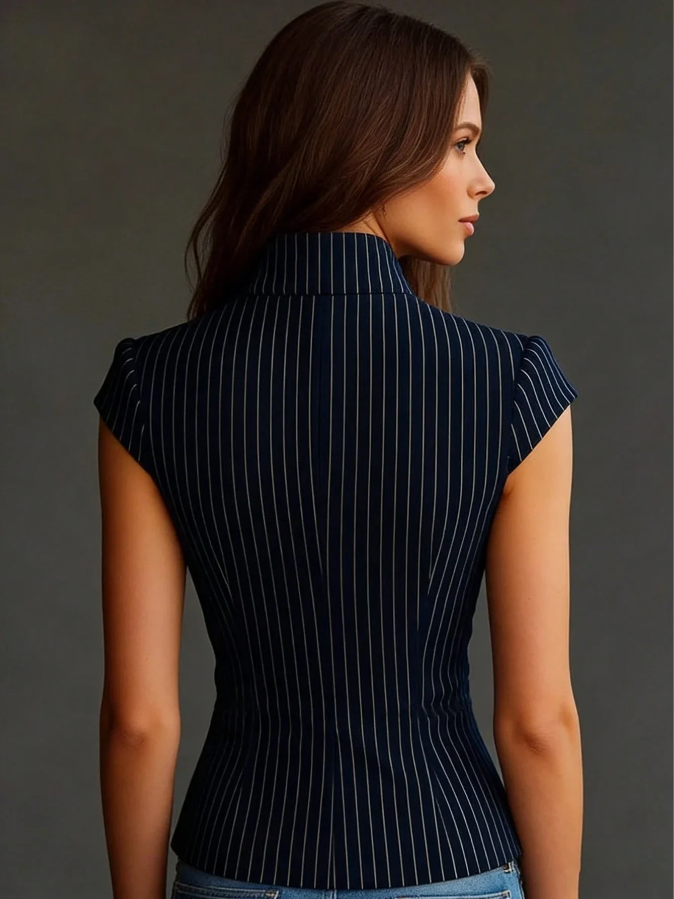 

Navy Blue Pinstripe Short Sleeve Blouse Professional Office Casual Shirt Summer