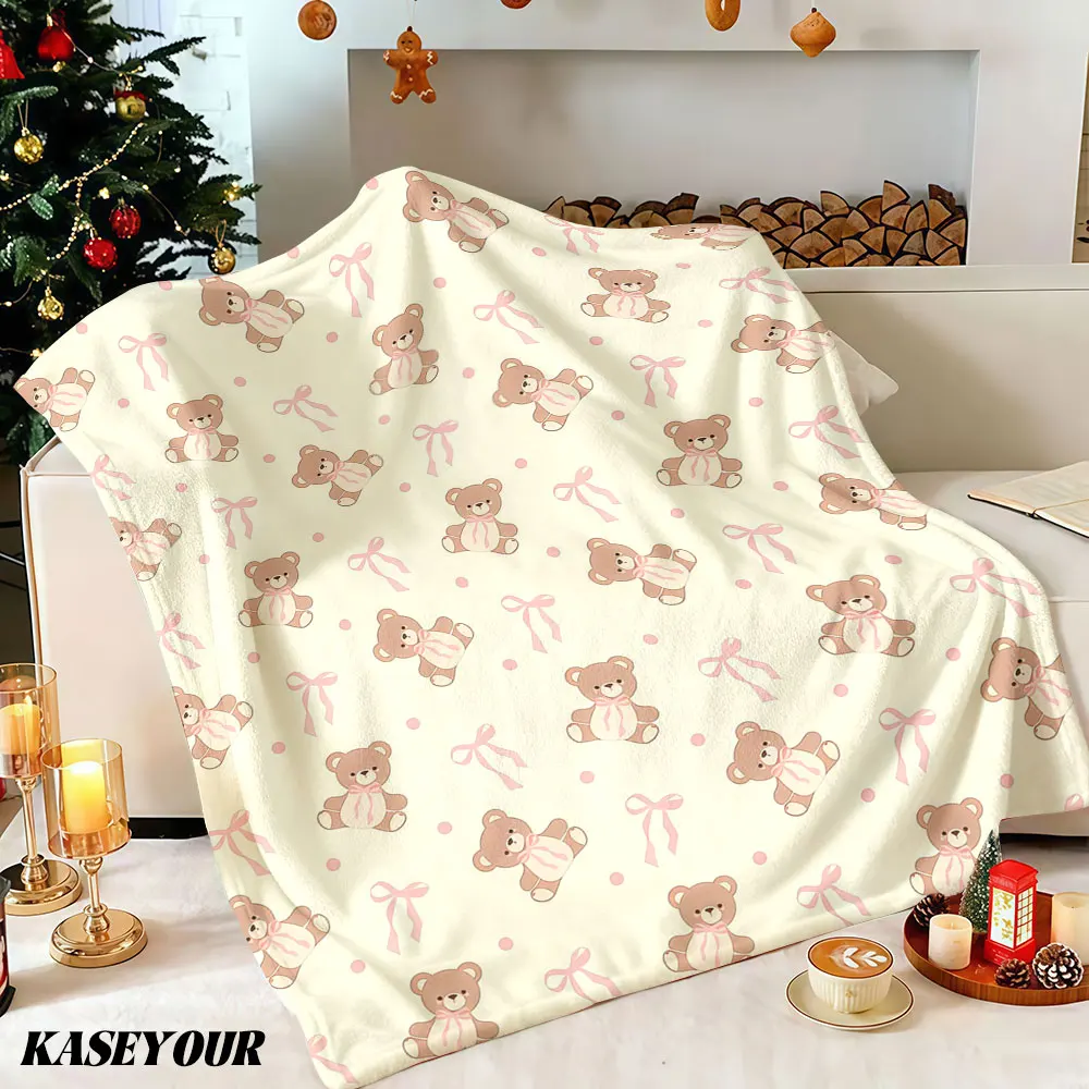 Teddybär-Schleifen Winter- und Sommer-Flanelldecke, Weiche Flauschige Plüsch-Kuscheldecke für Sofa, Ideale Geschenke