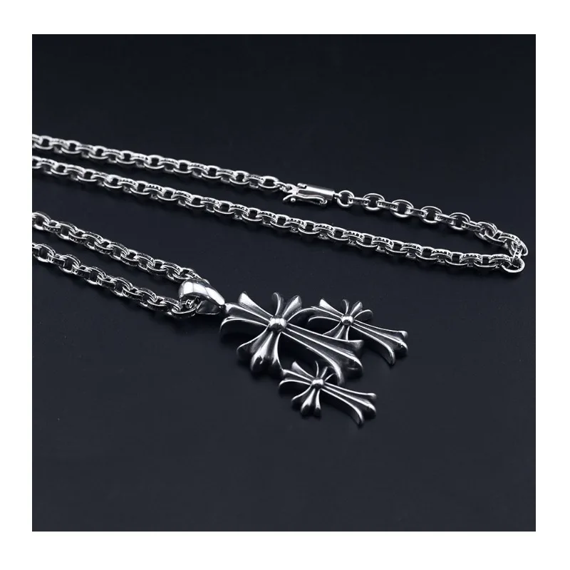 

Chaoxuan Old Three Small Cross Pendant Necklace Personalized Punk Senior Men's and Women's Thai Silver Necklace