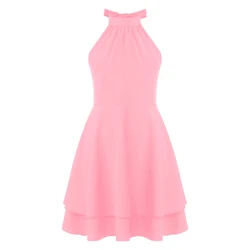 Girls' Junior Chiffon Halter Sleeveless Dress Flowers Girls Long Bridesmaid Party Dance Prom Gown Dress Teen Ruffle Dances Prom