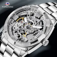 Forsining Stainless Steel Waterproof Automatic Watch Men Skeleton Watch Silver Mechanical Mens Watches Top Brand Luxury Clock