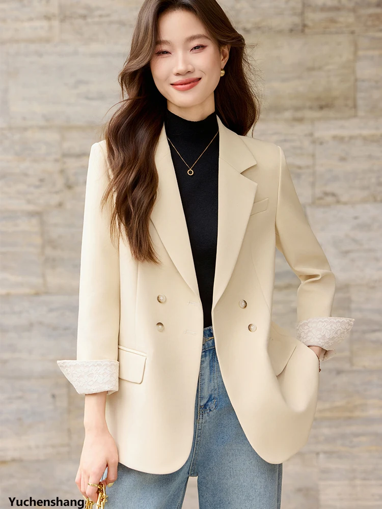 Beżowo-szaro-czarna damska marynarka casual damska luźna kurtka jesienno-zimowa