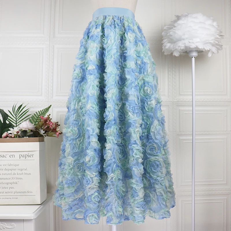 Women High Rise Floral Vintage A-line Tulle Midi Skirt Retro Skirt 2023 Summer New In