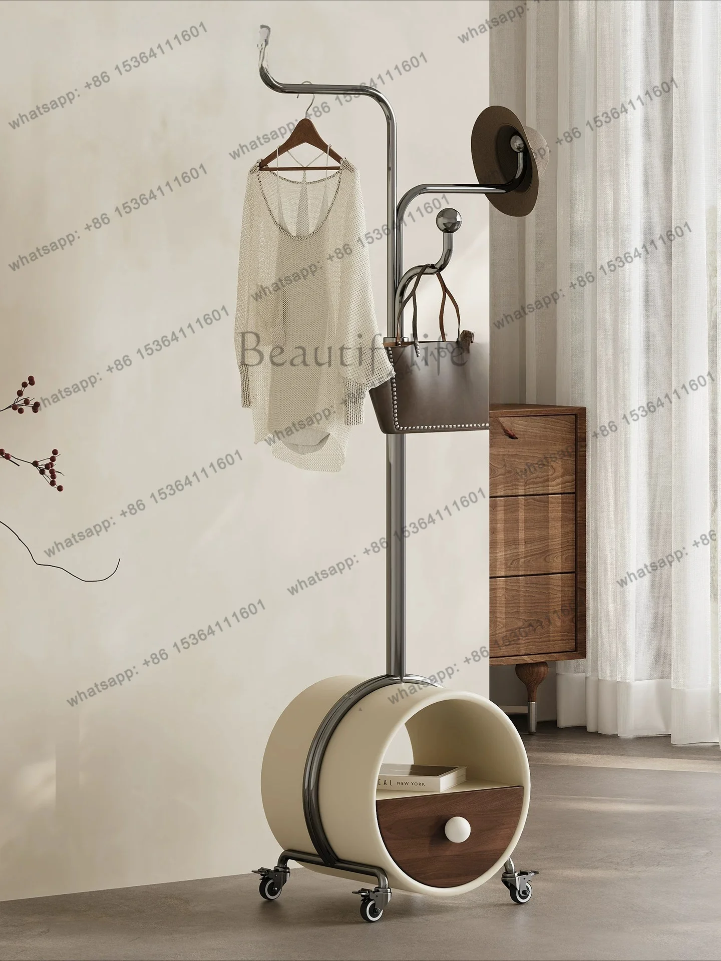 YJ Italian light luxury removable coat rack stainless steel bedside table hanger storage cabinet integrated