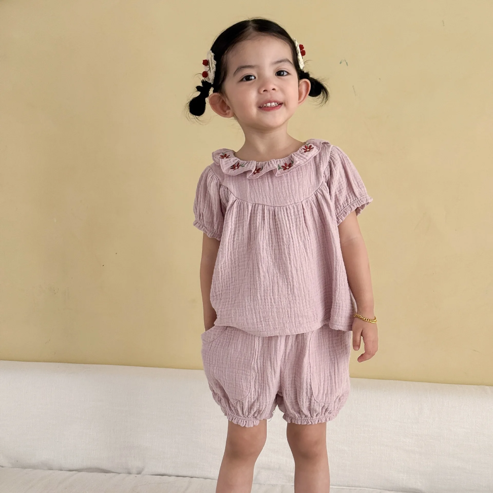 

2026 Summer New Children Short Sleeve Clothes Set Girls Cute Flower Lapel T Shirts + Shorts 2pcs Suit Kids Cotton Yarn Outfits