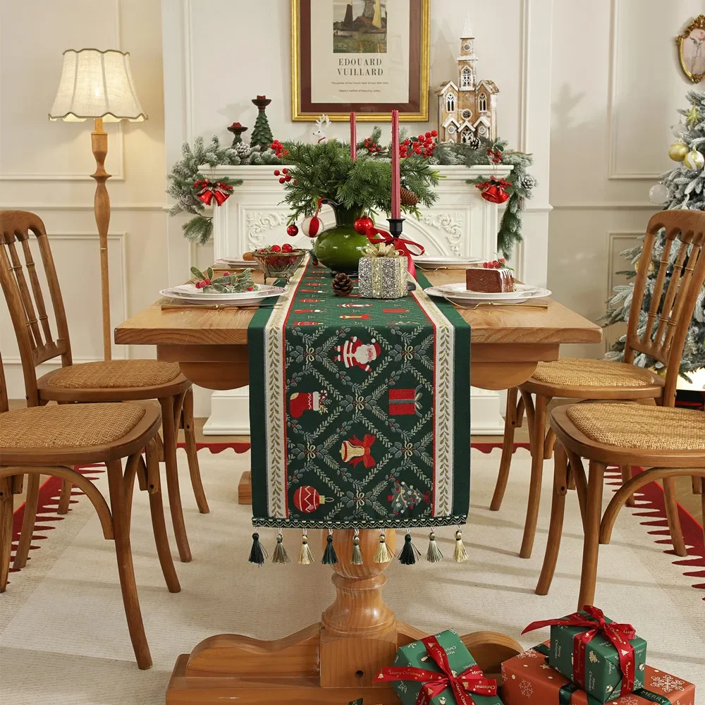 Father Christmas Chenille Tassel Table Runner Cotton Linen Thicken Fabric Dining Room Modernfor Party Festival Decor