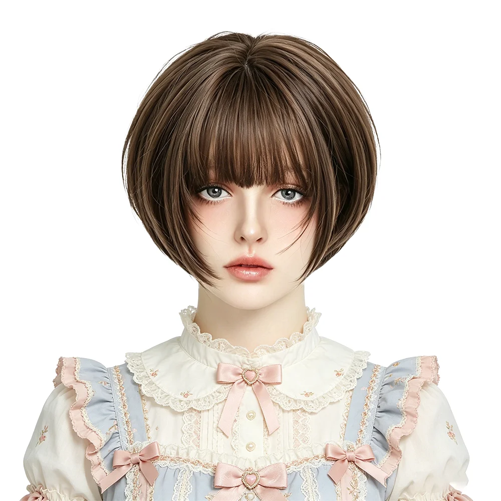 

28cm Cool Brown Bob Wig with Straight Bangs Natural Looking Short Heat Resistant Synthetic Wig For Women Daily Cosplay Party