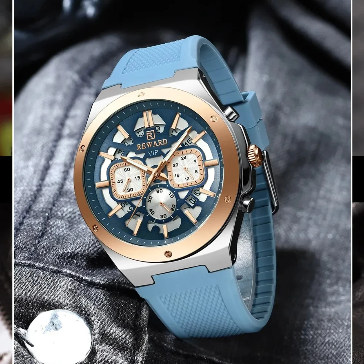 مكافأة 832257 أزياء رجالية كوارتز ساعة متعددة الوظائف التلقائي تاريخ كرونوغراف عارضة سيليكون حزام الساعات للرجل