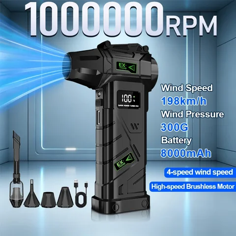 1000000RPM Brushless Motor, 198km/h High Airflow,LED Digital Screen, Power Bank, Multi-Use Air Duster for Car Home Camping