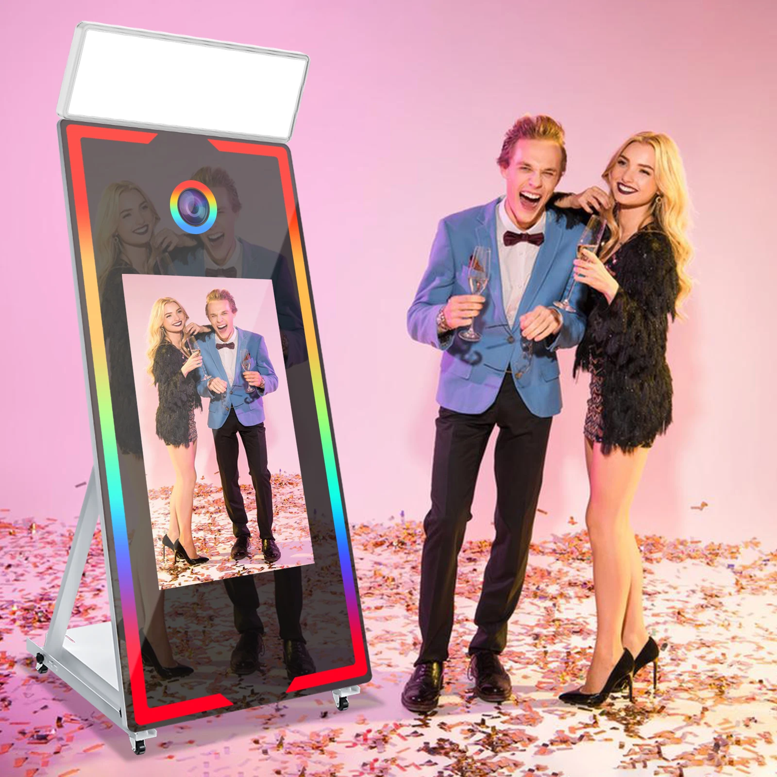 

65in Magic Mirror Photo Booth with 32/43 Touch Screen Selfie Photobooth Machine with Fill Light Flight Case for Party Events