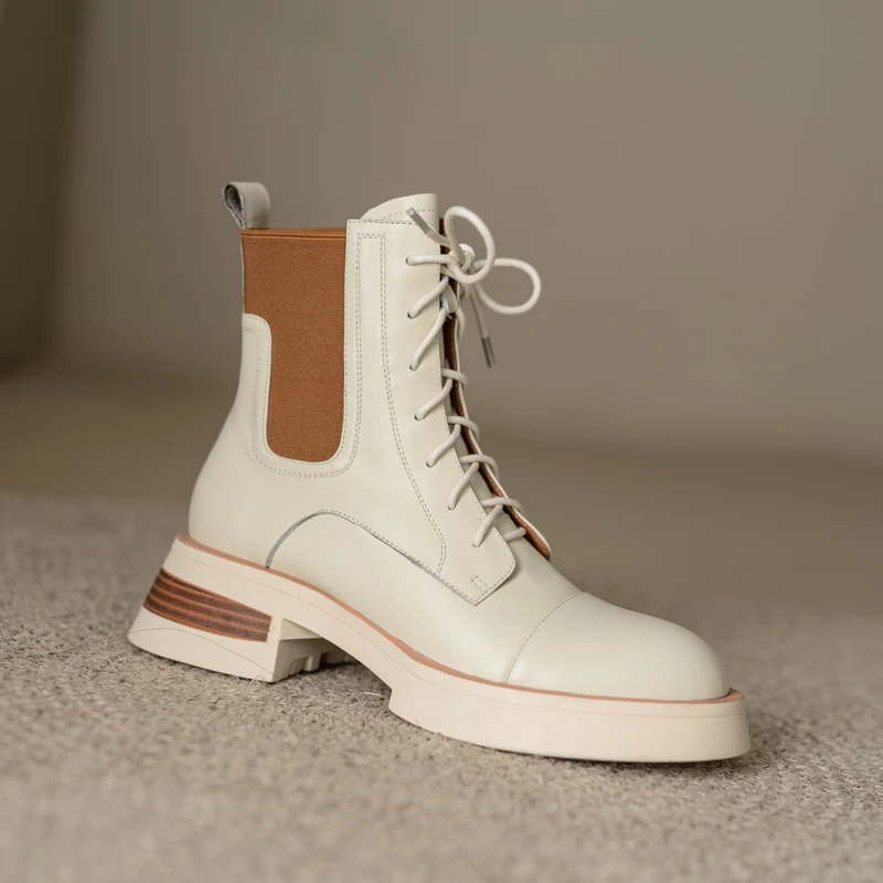 Size 34-39 Ankle Boots for Women Real Leather Thick Mid Heels Fall Winter Shoes Vintage Platform Short Booties Shoes for Women