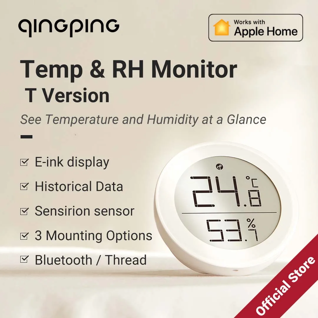 Qingping Thermometer Hygrometer Sensor via Thread or Bluetooth, Wireless Indoor TH Monitor with E Ink Display for Home, Only IOS