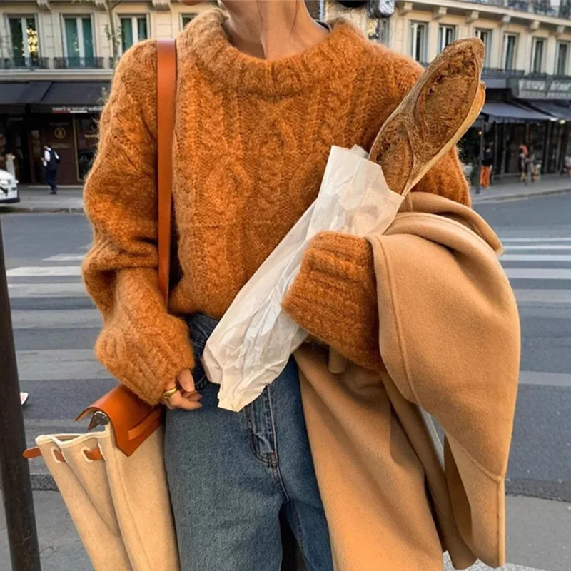 

Толстый толстый шерстяной свитер для женщин, осенне-зимний новый свободный свитер в стиле ретро с круглым вырезом, топ