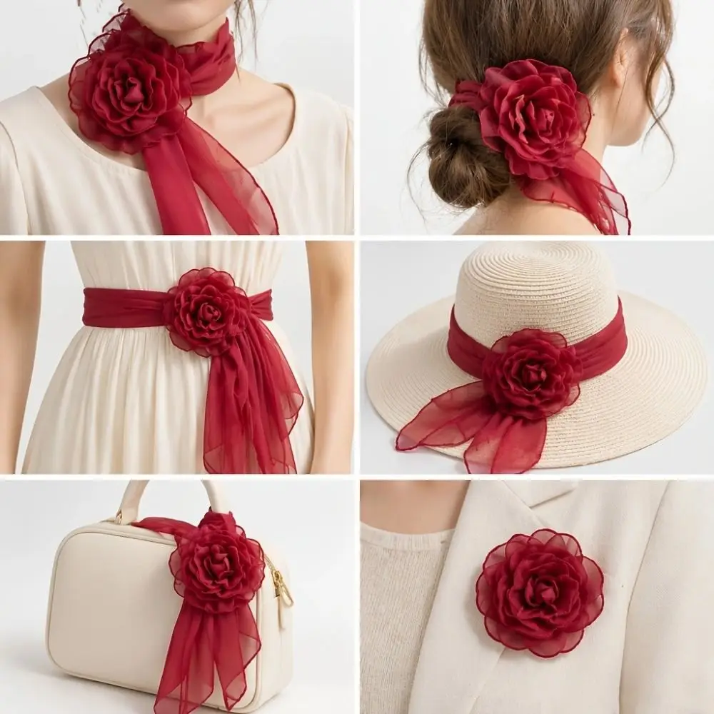 Versatile Chiffon Long Floral Scarf Elegant Soft Silk Rose Scarf Breathable Solid Color Women’s Neck Scarf Daily Outfit