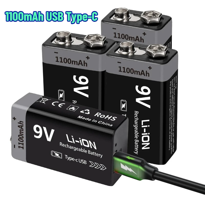 

9V Rechargeable Battery 1100mAh USB Type-C Rechargeable Li-ion Battery for RC Helicopeter Model Multimeter Toy