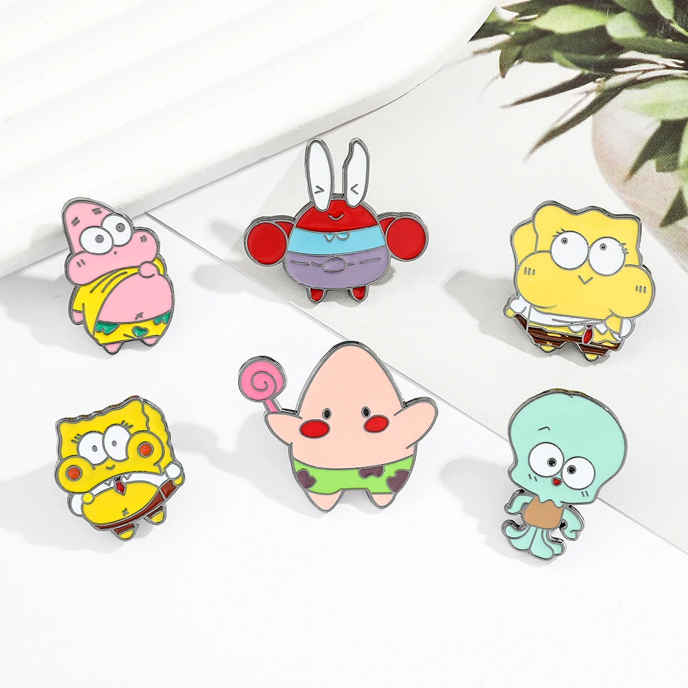 Spongebob Brooch Cute Cartoon Metal Anime Patricks Stars Garys Decoration Jewelry Kids Girls Coat Enamel Lapel Pin Badges Gift