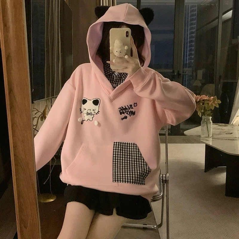 Y2K Übergroßer süßer Hoodie Damen Niedlicher Hund Stickerei Sweatshirt Herbst Winter Lose Pullover Harajuku Kawaii Kapuzenoberteile