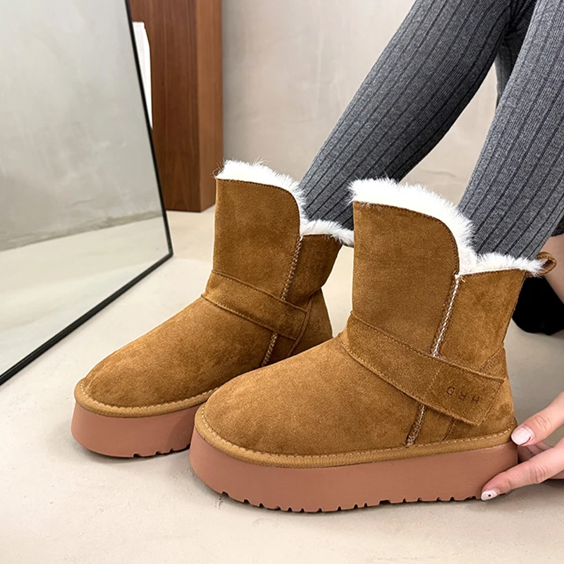 أحذية الثلوج النسائية الشقق منصة أحذية رياضية دافئة الفراء الجلد المدبوغ قصيرة أفخم أحذية الشتاء 2025 جديد غير رسمي جديد الكاحل بوتاس دي Mujer #4