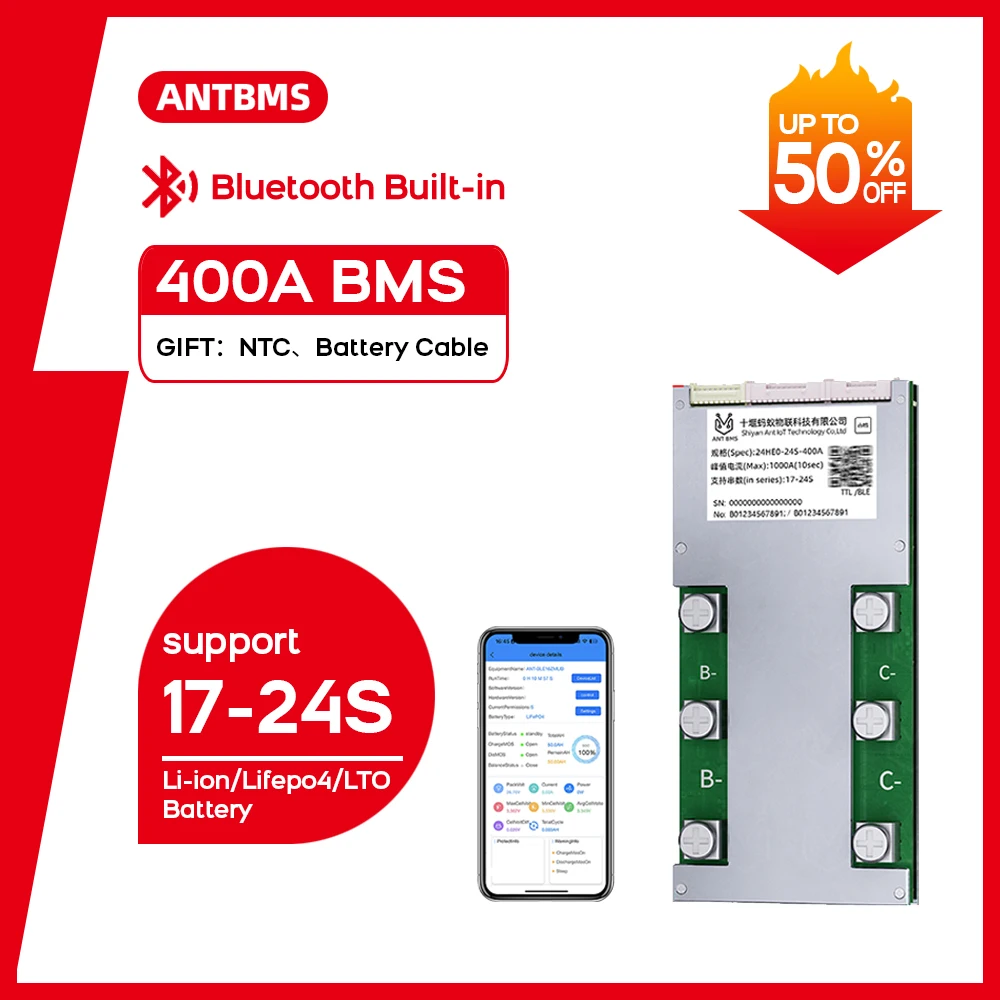 

ANT Smart BMS 17S 18S 19S 20S 21S 22S 23S 24S Li-ion Lifepo4 LTO Battery BT Built-in 48V 60V 72V 400A 1000A Smart balance board