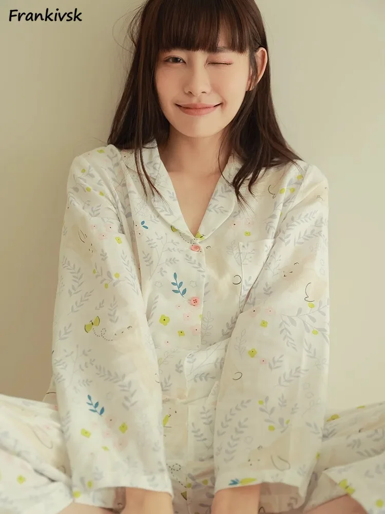 Pajama Sets Women Print Breathable Leisure Slouchy Japanese Style Cute Long Sleeve Summer All-match Hotsweet Cozy Homewear Daily