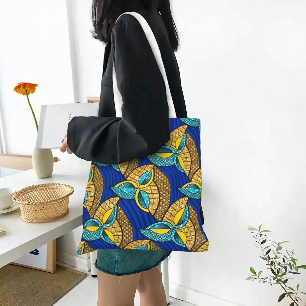 African Ankara Wax Print Shopping Bags Canvas The Tote Bag Folding for Girls Shoulder Tote Travel Handbag
