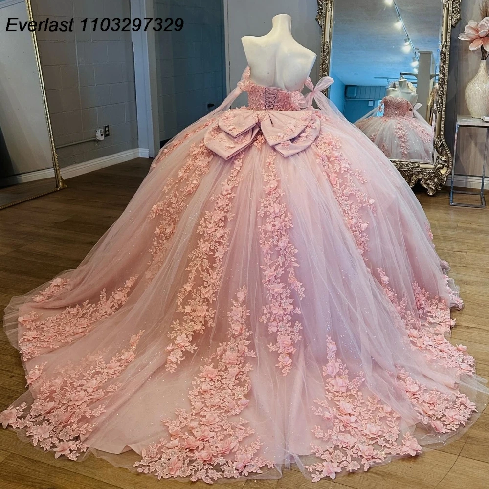 EVLAST-Vestido De Quinceañera De princesa rosa, Vestido De baile, apliques De encaje Floral, corsé De lazo con cuentas, dulce 16, 15 años, TQD985