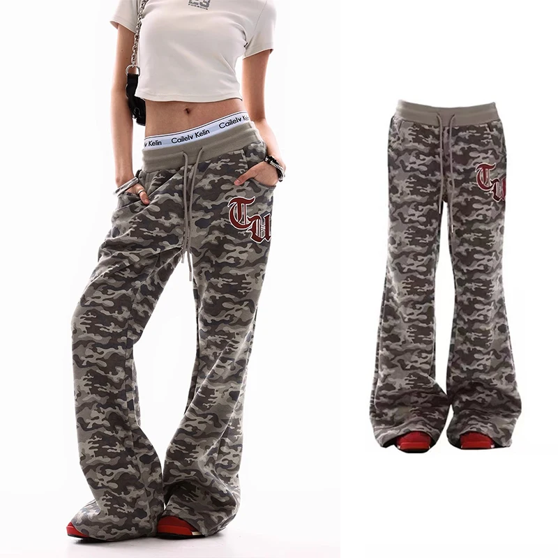 American sle retro high street camuflagem calças de trabalho feminino verão solto casual perna reta esportes calças largas perna