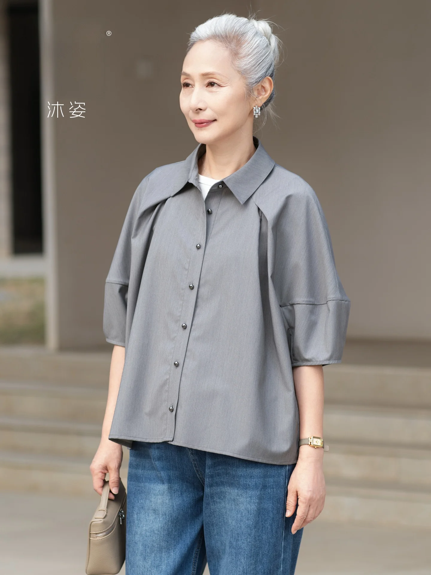 

Muzhi Mom Summer Clothing Lantern Sleeve Shirt Top Middle-Aged Women's Short Sleeve T-Shirt Middle-Aged New Style Shirt