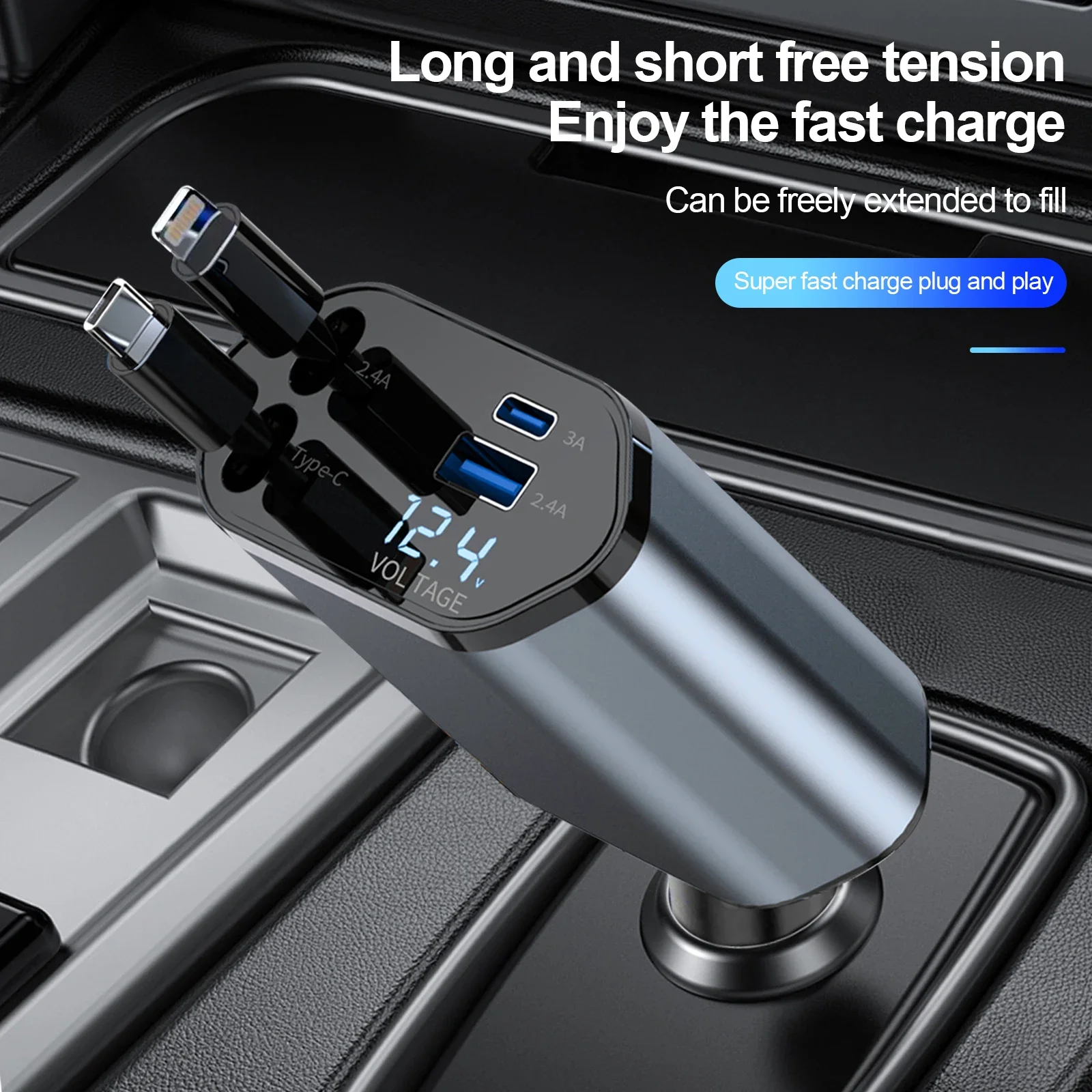 Car Charger 4in1 Retractable Car Cigarette Lighter Adapter USB Type C Super Fast Charger Swivel High Compatibility