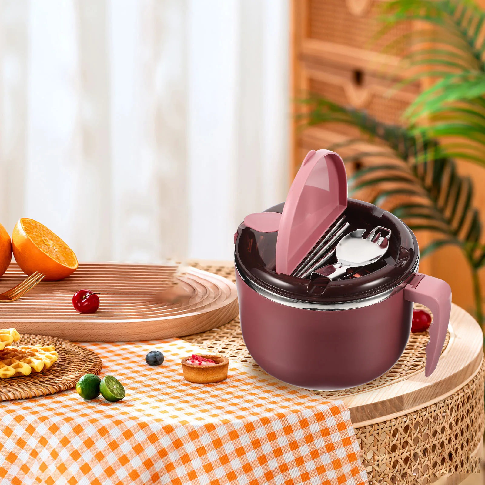 

1 Set Stainless Steel Insulated Noodle Bowl With Lid Detachable Ramen Lunch Box Reusable Soup Serving Bowl For Home Kitchen