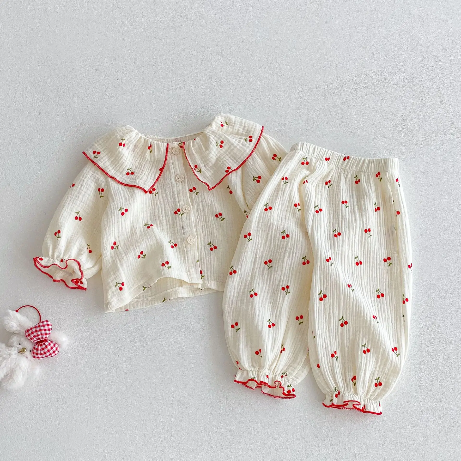 5478 Baby Clothing Set 2026 Autumn New Baby Girl Pajamas Set Infant Cherry Print Top+Pant Casual Two-piece Suit Home Clothes