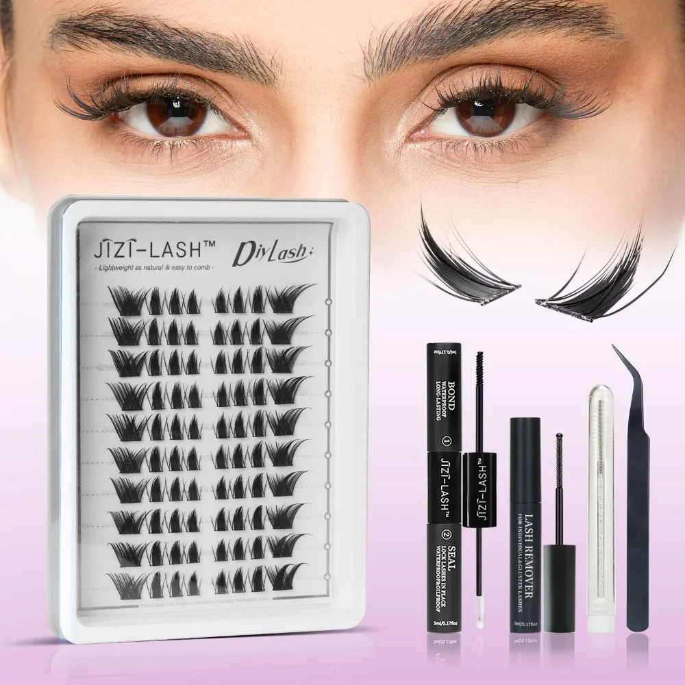 

JIZI-LASH Lashes Clusters Set DIY Individual Eyelashes 80pcs Cluster with Bond&Seal Tweezers Brush Remover Lash Applicator Kit