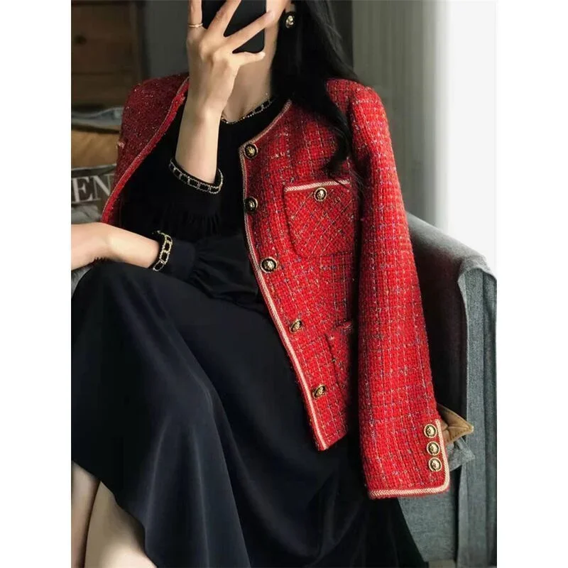 Vintage Red Tweed Coat Women\'s 2024 Autumn/Winter New French Vintage Loose and Versatile Show Thin Temperament Woolen Jacket Fem