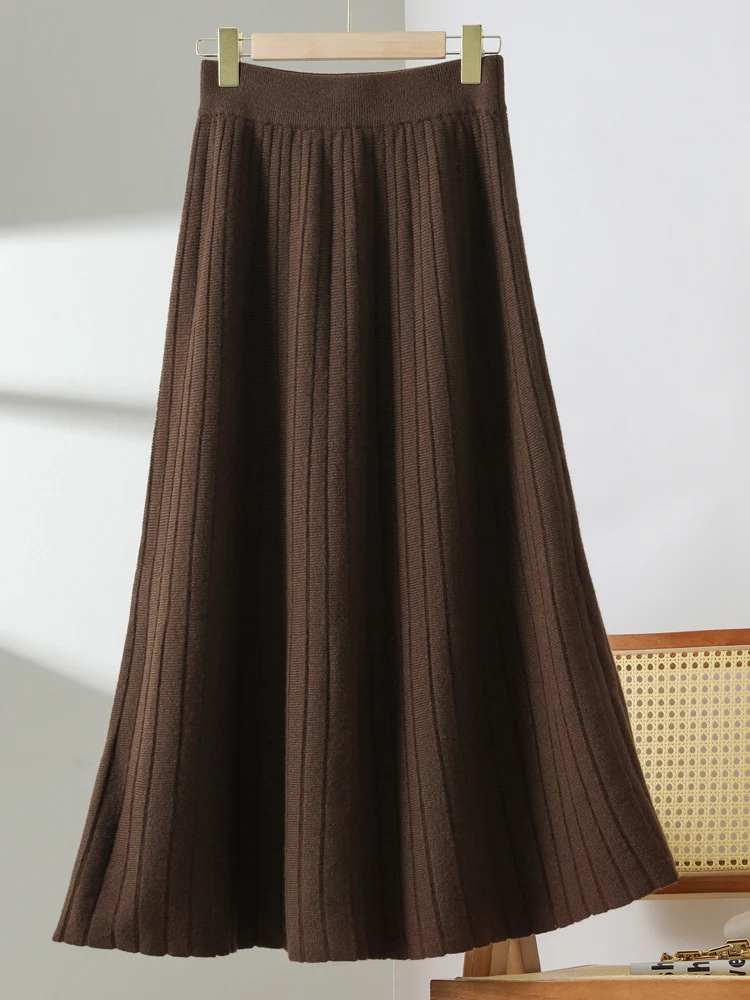 Women’s Wool Pleated Skirts Loose Thick A-Line High Waist Skirt Cashmere Autumn Winter 100% Merino Wool Knitted Texture Dress