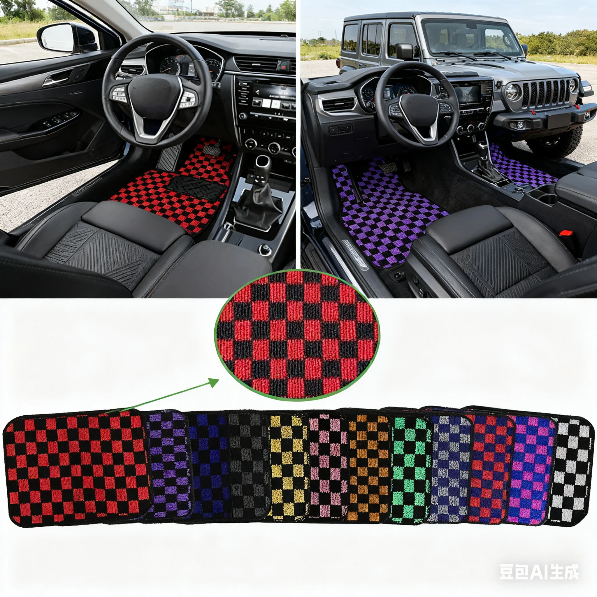 4Pcs JDM Racing Car Floor Mats Checkered Plush Non-Slip Universal Front  Rear Carpets Interior Decor Car Carpet Sets