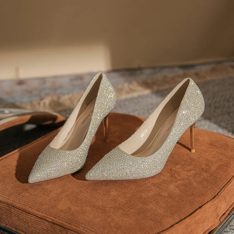 Women Rhinestone Pointed Toe High Heel Pumps Sparkly Stiletto Wedding Bridal Party Evening Formal Dress Shoes