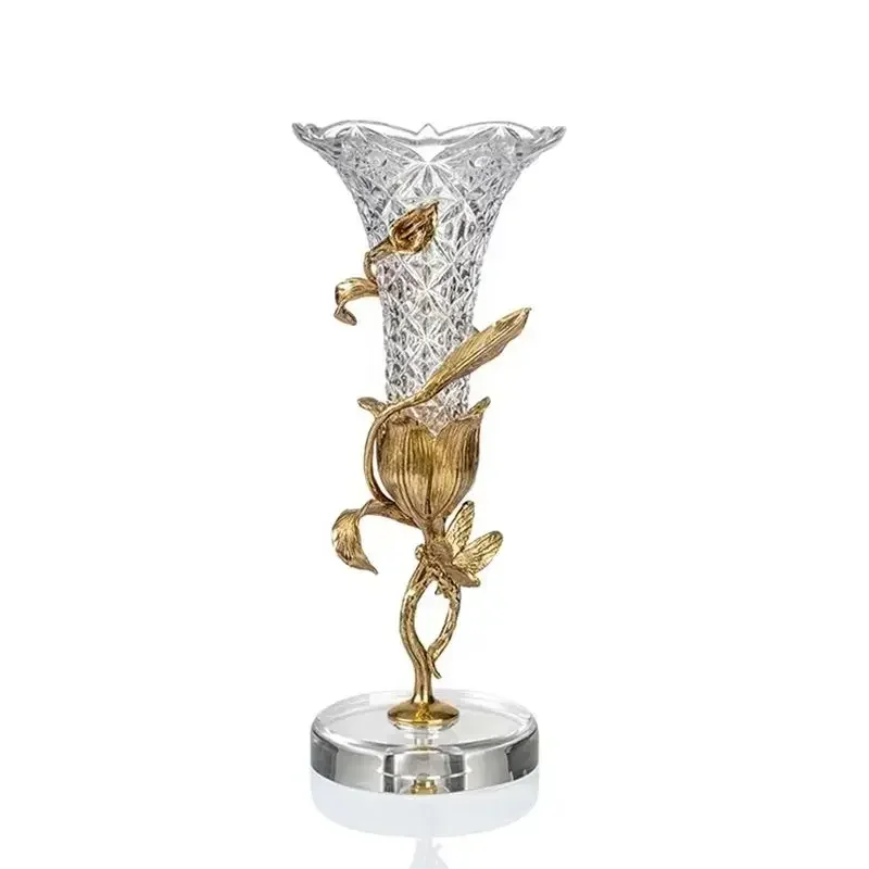 Luxury Simple Hydroponic Vase, Crystal Glass with Inlaid Copper, Flower Arrangement Decor for Living Room Coffee Table