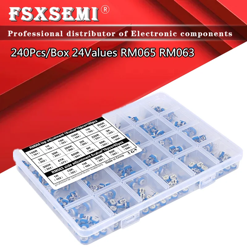 

240Pcs/Box 18values RM065 100R - 2M 6values RM063 Carbon Film Horizontal Trimpot Potentiometer Assortment Kit Variable Resistor