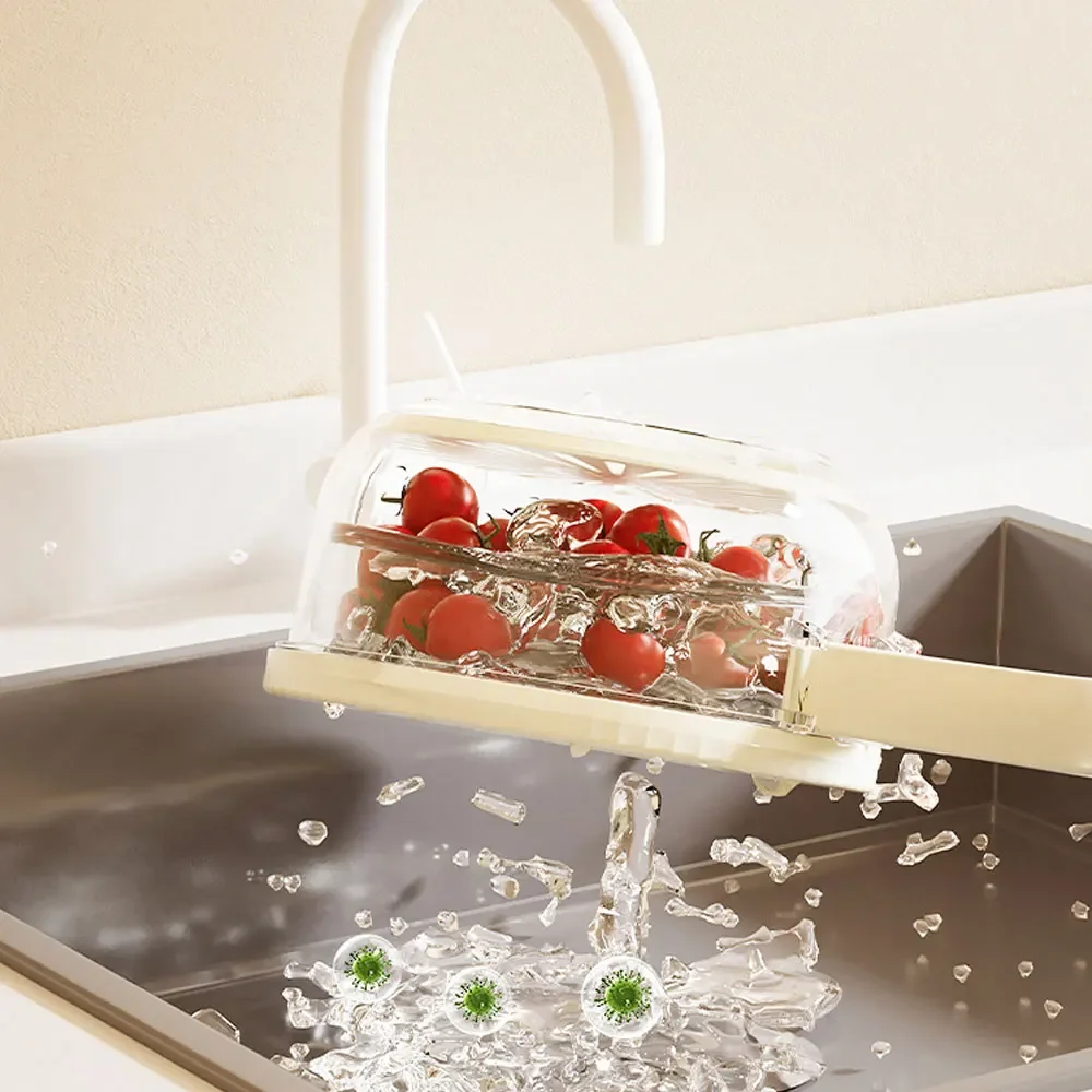 

New Drain Basket with Lid Fruit Rice Washing Drain-Basket with Handle Refrigerator Storage Bowl Home Kitchen Organizer