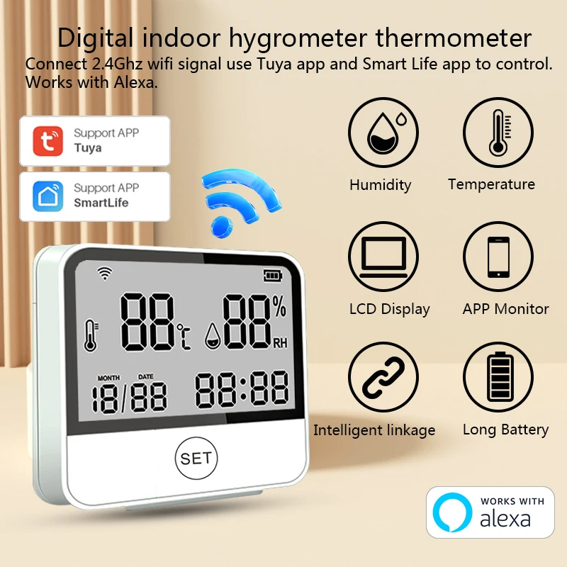 Smart Tuya WIFI Temperature Humidity Sensor Hygrometer Indoor Thermometer Detector LED Screen Display Works with Alexa Google