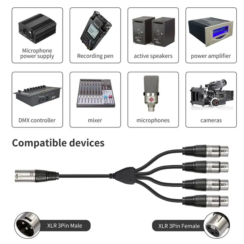 PHILE-3 Pin XLR 1 Male To 4 Female Y Splitter Audio Cable,4 Way-1 XLR Single Input To Four Output Parallel Connection Cable