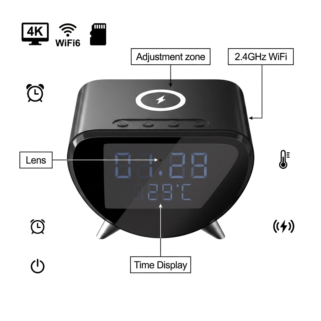 Wireless Charging Alarm Clock Camera,4K UHD,WiFi 6,SD Card Storage,Motion Detection,Smart Home Companion for Home,Olffice,Hotel