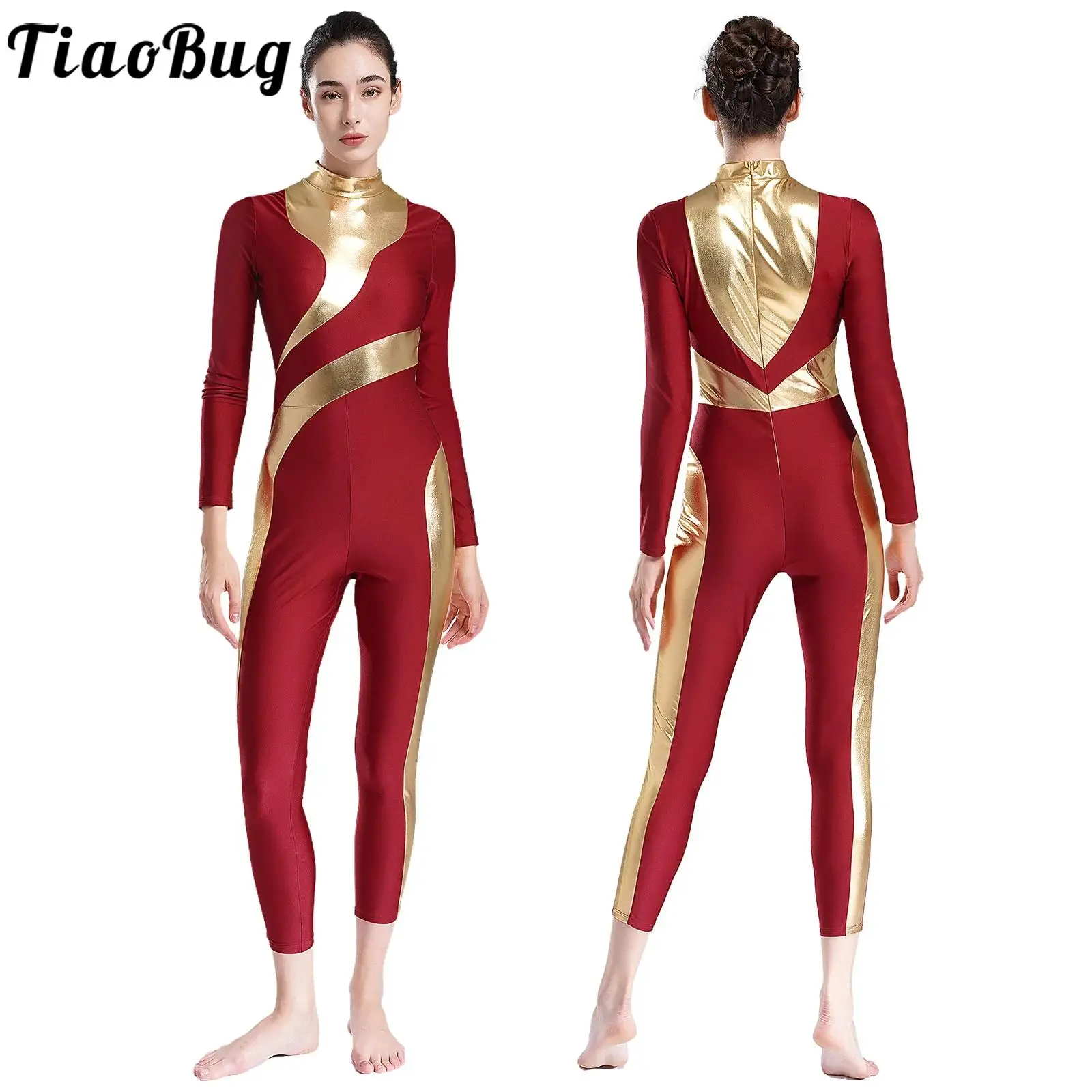 

Womens Metallic Contrast Artistic Gymnastics jumpsuit Bronzing Long Sleeve Full Bodysuit Ballet Figure Skating Unitard Costume